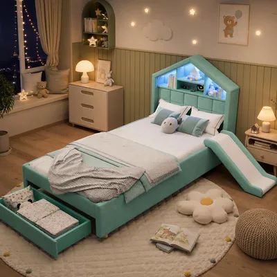 Produktbild von Kinderbett 90x200 cm, gepolstertes Hausbett mit Rutsche und Bettkasten, blaugrünes Samtbett mit Hauskopfteil für das Kinderzimmer