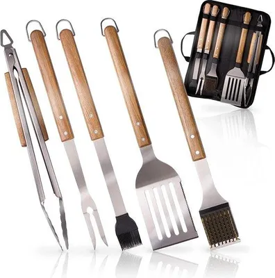 Image de Lot de 5 accessoires de barbecue en acier inoxydable, bois d'acacia, barbecue pour hommes