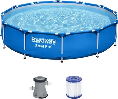 Produktbild von Bestway SteelPro Framepool SteelPro Pool Komplettset, Rund, Aufstellpool 366x76cm, Planschbecken Gartenpool mit Pumpe Set, Gross, Aufstellbecken,