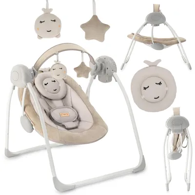 Produktbild von MoMi LISS – Elektrische Babywippe klappbar mit Timer, 5 Geschwindigkeiten, 6 Melodien & verstellbarem Spielbogen - Beige