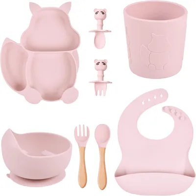 Immagine prodotto di Set di stoviglie in silicone per bambini, composto da 8 pezzi: piatto con ventosa, bavaglino, ciotola e posate, ideale per neonati
