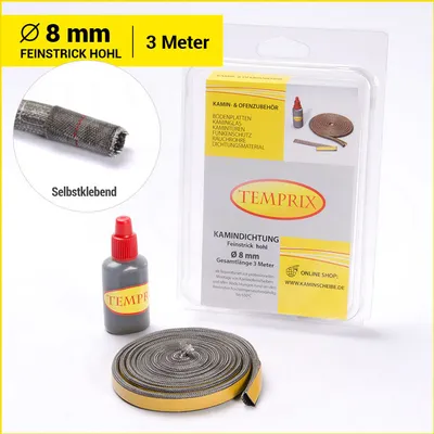Obrázok produktu pre Temprix tesnenie do krbu a pece, duté tesnenie Ø 8 mm – 3 metre vrátane lepidla | ohnivzdorná šnúra do pece, krbu a grilu, odolná voči teplotám do 650 °C | tesnenie do krbu, pece a grilu