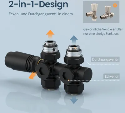 Obrázek produktu pro Připojovací armatura EMKE Ventil s termostatem pro radiátorový sušák ručníků, 7 nastavovacích stupňů, φ16*G1/2, černá barva