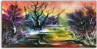 Produktbild von Coloray Spritzschutz aus Glas 140x70  Wandkunst Küchenrückwand Wasserfarbe Landschaft Wald Bäume