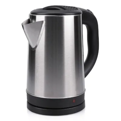 A stainless steel electric kettle with a black base and handle, shown against a white background.