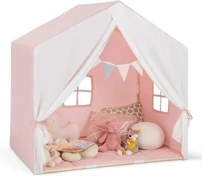 Imagen del producto de Tienda infantil con estructura de madera, casa de juegos multifuncional para niños con banderines, una cortina grande y 2 ventanas. Tienda de juegos para niños y niñas a partir de 3 años, apta para interiores y exteriores (rosa)