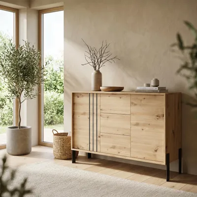 Produktbild von Masseno Kommode VALOZA 120 cm Sideboard mit 3 Schubladen und 2 Türen für Wohnzimmer Schlafzimmer Modern 120x40x87 cm Eiche Artisan