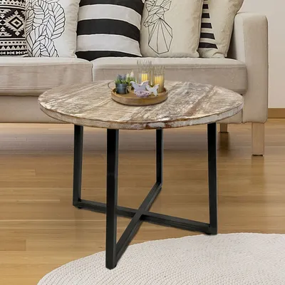 Produktbild von Couchtisch rund 60 cm Wohnzimmer Tisch Beistelltisch Cannes Metall-Gestell schwarz weiß altsilber weiß gekälkt - altsilber