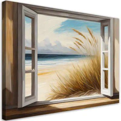 Produktbild von Leinwandbild Blick auf den Strand aus dem Fenster 60x40 Feeby Gelb bild für die wand bereit zum aufhängen