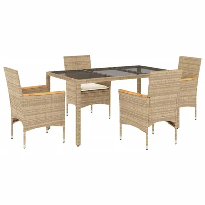 Produktbild von 5-tlg. Garten-Essgruppe mit Kissen Beige Poly Rattan und Glas