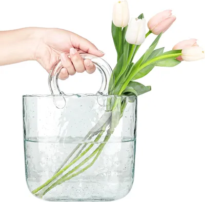 Produktbild von Deko Handtasche Glasvase - klar und mundgeblasen Handtasche Blumenvase Obst, Potpourri, kleine Fische, Süßigkeiten - Einzigartige Kristall-Wasserblasen-Beutel Ästhetik