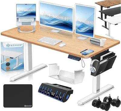 Productafbeelding van Verstelbaar bureau, elektrisch, 120 x 60 cm, ergonomisch zit-sta bureau met 3 geheugenfuncties, sta bureau voor thuiswerken, inclusief accessoires, USB-oplaadpoort en 360° wielen, beige