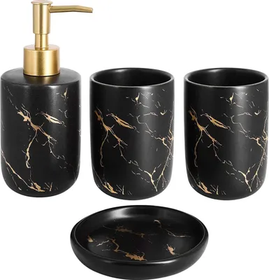 Produktbild von 4-teiliges Keramik-Badezimmer-Accessoire-Set inklusive Seifenspender, Becher und Seifenschale (Schwarz)