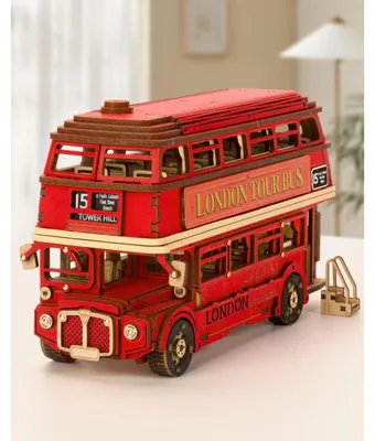 Zdjęcie produktu dla Trójwymiarowa układanka drewniana, model retro autobusu turystycznego z Londynu, zestaw do składania dla dorosłych