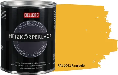 Produktbild von OELLERS Premium Heizkörperlack 1L – RAL 1021 Rapsgelb | Heizkörperfarbe & Heizungsfarbe | Hochdeckender Heizungslack | Hitzebeständig & langlebig
