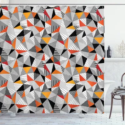 Produktbild von ABAKUHAUS Geometrisch Duschvorhang, Polygonales Muster Kariertes Design Dreiecke und Linien Muster Moderne Kunst, 175 x 180 cm, Orange Schwarz Weiß