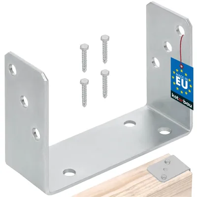 A U-shaped metal bracket and screws are shown against a white background, with a small wooden piece at the bottom right to demonstrate its use.