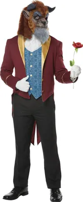 A person in a Beast costume holding a red rose.