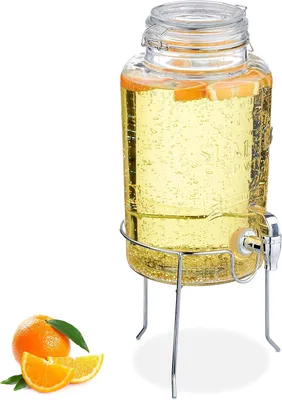 Obrázok produktu pre Dávkovač nápojov s držiakom - Dávkovač limonády, objem 5 litrov - S výčakovým kohútikom - S uzáverom na klip - Sklenený - Priehľadný