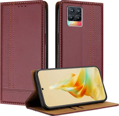 Produktbild von Handyhülle für Realme 8 /Realme 8 Pro 4G Leder Flip Klappbare Schutzhülle mit Standfunktion Dunkelrot