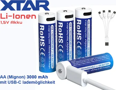 Zdjęcie produktu dla XTAR, 4x AA 1,5 V akumulator litowo-jonowy 3000 mAh – USB-C – ze stałym spadkiem napięcia, z wbudowaną elektroniką ładowania, innowacyjny i niezawodny