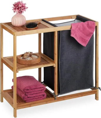 Zdjęcie produktu dla Bambusowy kosz na pranie z 3 półkami - 65x68x33 cm - 50 litrów - naturalny/szary