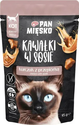 Produktbild von PAN MĘSKO - Stücke in Soße - Huhn mit Wachtel - 85g - Nassfutter für Katzen