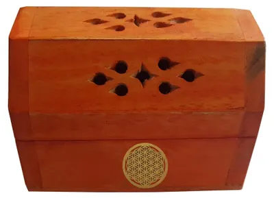 Produktbild von Räucherkegelhalter India Truhe "Blume des Lebens" Holz orange 9x6cm