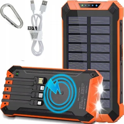 Produktbild von SOLAR POWERBANK 30000mAh INDUKTION 6x USB Taschenlampe LED SCHWARZ ORANGE