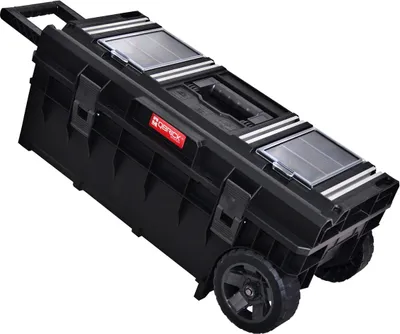 A black rolling tool box with two transparent panels on top.