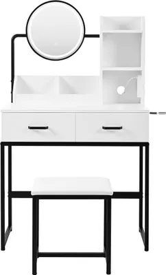 Produktbild von Konsolentisch mit LED-Beleuchtung Spiegel und Steckdosen inkl Hocker Schminkhocker Schminktisch Kosmetiktisch Set 80×138,5×40 cm Weiß+Schwarz