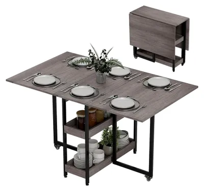 Produktbild von Klappbarer Esstisch für 2-4 Personen mit 2 offenen Ablagen, Esszimmertisch mit Rollen für kleine Räume, 133,4 x 80 x 75 cm Grau