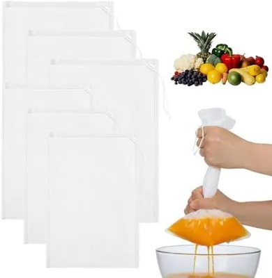 Produktbild von 6 Stück Nussdrinkbeutel Feinmaschiges Passiertuch Wiederverwendbar 20 × 30 cm und 20 × 15 cm Abseihtuch Presstuch für Obstpresse Nussdrink Käse Kaffee Joghurt Fruchtsaft Tofu Wein (2 Größen)