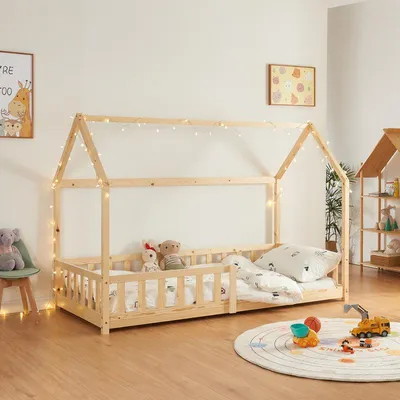 Image de Lit pour enfant 90x200 cm en bois massif - Lit pour adolescent avec structure de maison et barrière de sécurité