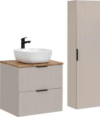 A bathroom vanity and cabinet set against a white background.