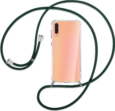 Produktbild von Handykette Backcover-Schutzhülle mit Band (Metall silberfarben) für Samsung Galaxy A50 - dunkelgrün