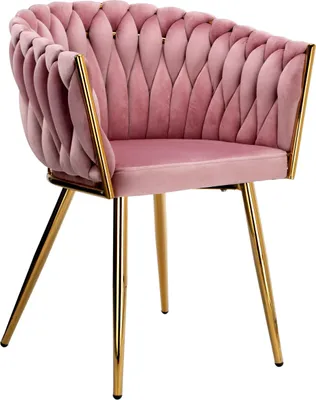 A pink velvet armchair with gold legs, presented against a white background.