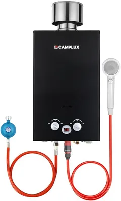 Produktbild von Gasdurchlauferhitzer 10L 50mbar mit Edelstahl Regendeckel Propan/Butan Gas für Campingdusche, Wohnmobilausflug, Waschpferd