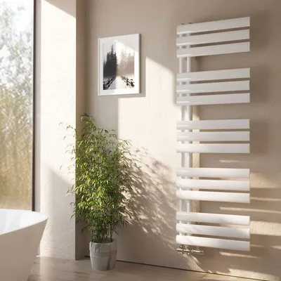 A modern bathroom with a white bathtub, a potted plant, and a white towel warmer.