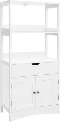 Produktbild von Rootz Badezimmerschrank – Waschtischunterschrank – Badezimmer-Aufbewahrungsschrank – Stand-Badezimmerschrank – Eck-Badezimmerschrank – mit Doppeltür – Weiß – 60 x 32,5 x 122 cm (L x B x H)
