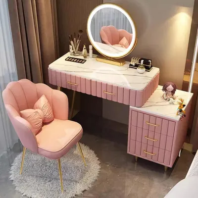 Immagine prodotto di Set da trucco con sgabello, tavolino da trucco con specchio, 5 cassetti, rosa, 100 cm