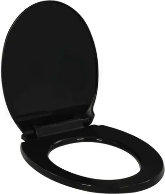 A black toilet seat and lid, shown from a slightly elevated angle.