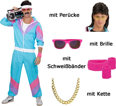 Produktbild von Uni 80 er Jahre Trainingsanzug mit Brille + Schweißbänder, Perücke, Kette L – 180-187 cm