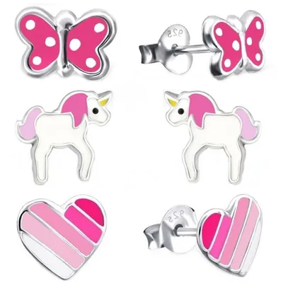 Kinder Ohrstecker-Set Einhorn Schmetterling Herz - Mädchen Schmuckwelt