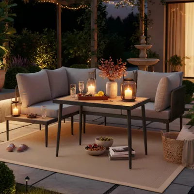 Produktbild von Gartenlounge Set Gartenmöbel set Ecksofa mit Esstisch für Terrasse und Balkon, Outdoor Essgruppe mit Olefin-Bezug, Stahlrahmen und Holzoptik-Tisch