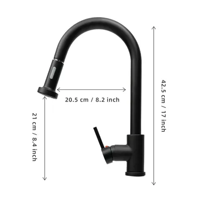 A black kitchen faucet with measurement indicators.