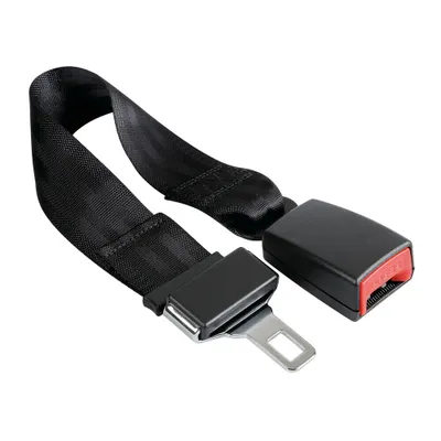 A black seatbelt extension with its buckle and latch is shown against a white background.