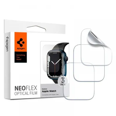 A product package for Spigen Neo Flex Optical Film for Apple Watch, with a depiction of the watch and screen protectors.