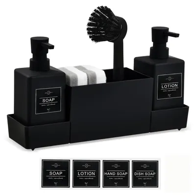 Produktbild von Spülmittelspender-Set für die Küche, schwarzer Spülbecken-Organizer mit Bürsten- und Schwammhalter, 350-ml-Spülmittelspender, Küchen-Organizer aus Kunststoff, Spülmittelspender mit Abtropfschale und Reinigungsbürste