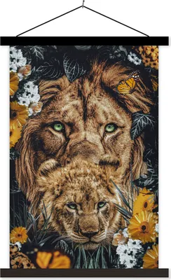 Produktbild von MuchoWow® Textilposter Löwen - Blumen - Schmetterling 60x90 cm mit schwarzem Rahmen - Poster Wohnzimmer